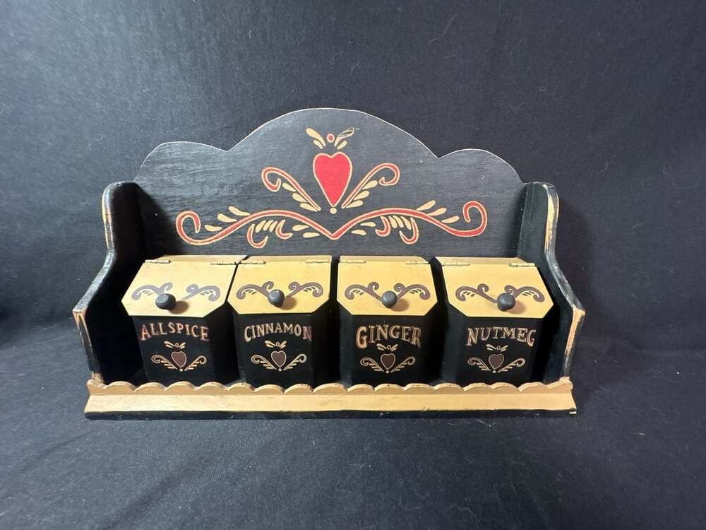Kennedy's Country Collection Wooden Wall Spice Rack with Four Metal Jars Allspic